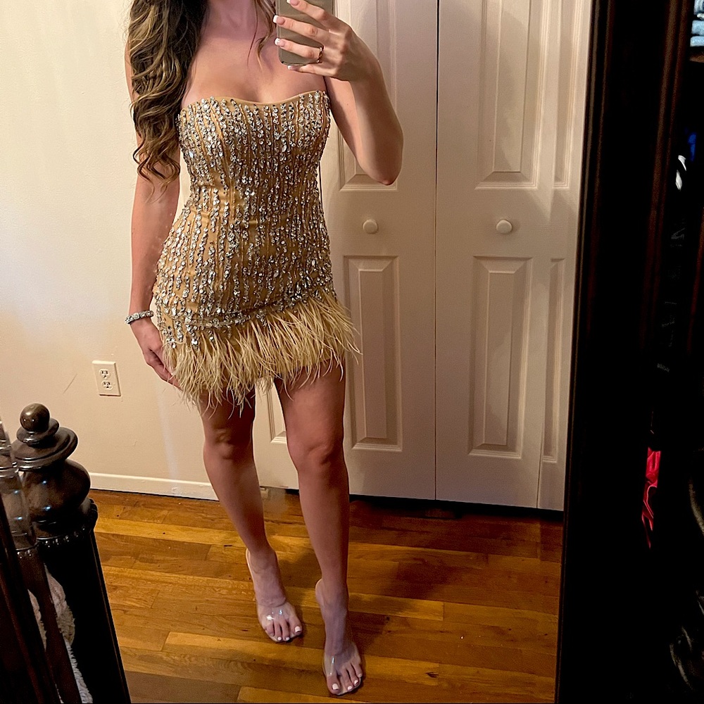 Terani Couture Nude sequin feather trimmed mini dress